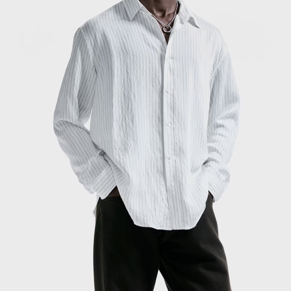H&M White Textured Pinstriped Men's Casual Button Up Shirt